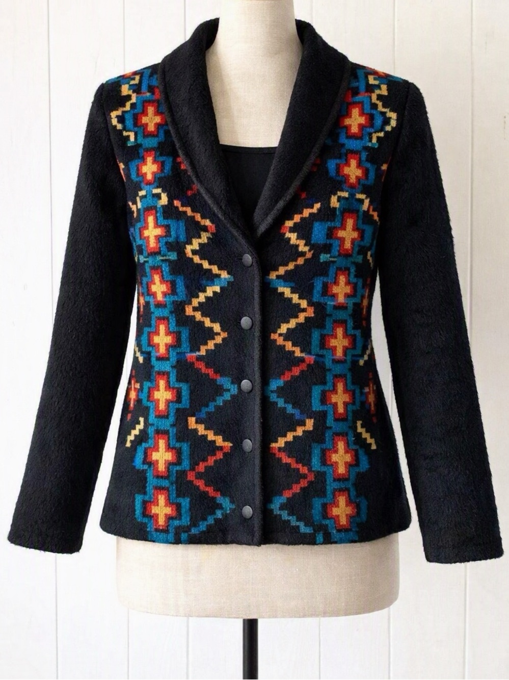 Tabask Alpaca Wool Handmade in Peru Black Southwestern Pattern Jacket Size S